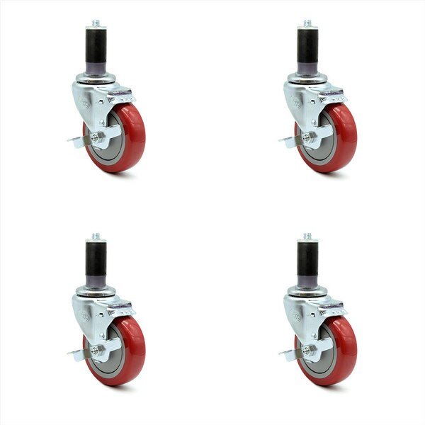 4 Inch Red Polyurethane Wheel Swivel 1-1/4 Inch Expanding Stem Caster Set Brake, Service Caster, Mfr#: SCC-EX20S414-PPUB-RED-TLB-MTG44-4